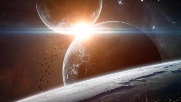 Star shining between two closely aligned planets as viewed from orbit around a third planet